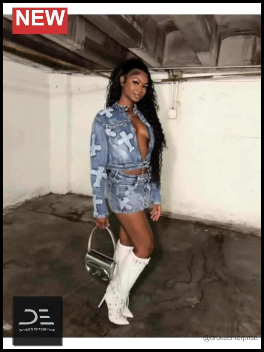 Denim 2 Piece Skirt Set Cropped Jacket Y2K Streetwear